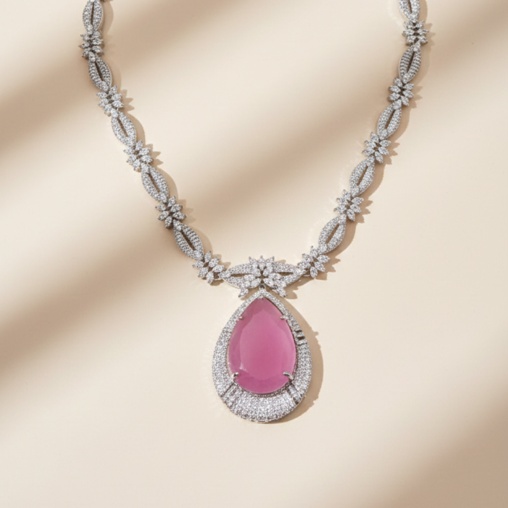 Blush Pink Zircon Teardrop Necklace with Diamond Finish