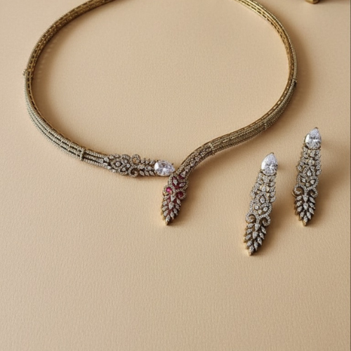 Exquisite Gold-Tone Zircon Necklace & Earrings Set