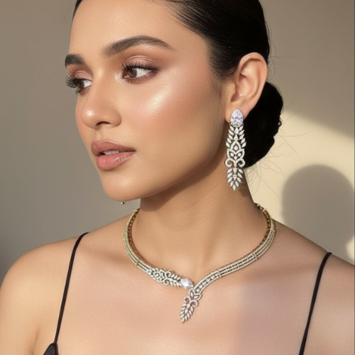Model wearing gold-tone zircon necklace and matching earrings
