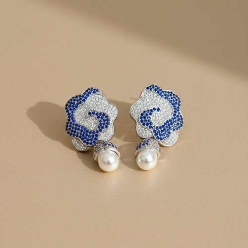 Blue Stone & Pearl Floral Stud Earrings