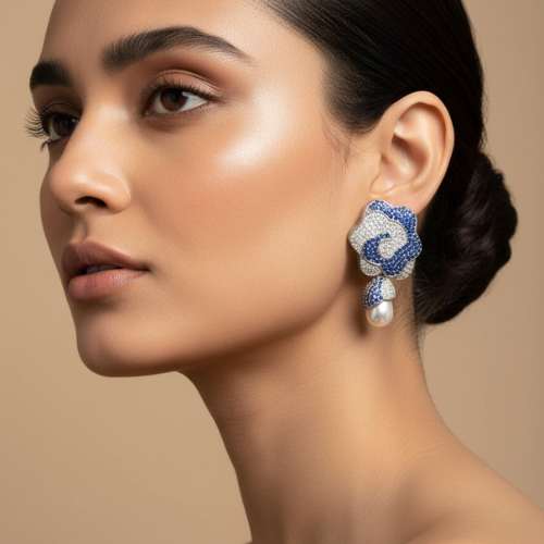 Blue Stone & Pearl Floral Stud Earrings