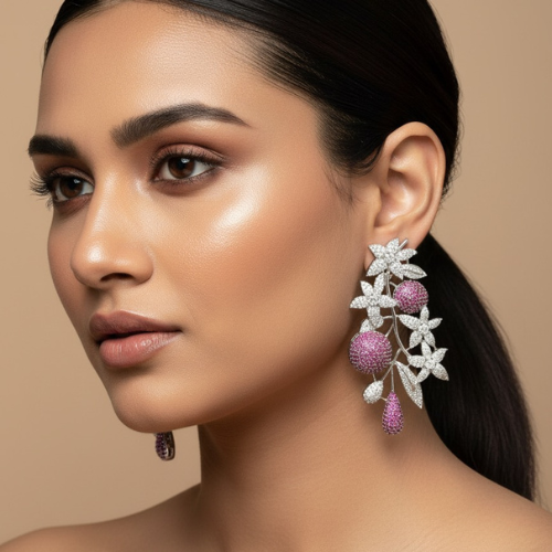 Designer Floral Statement Earrings in Silver & Pink