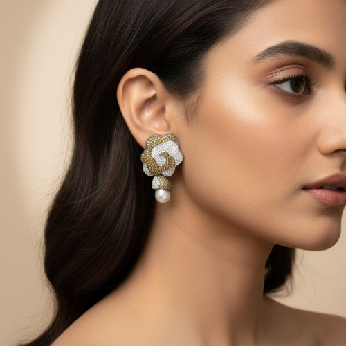 Floral Statement Stud Earrings with Pearls