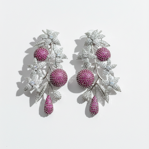 Designer Floral Statement Earrings in Silver & Pink
