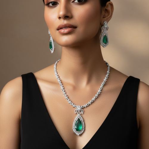 Elegant Zircon and Green Glass Stone Necklace