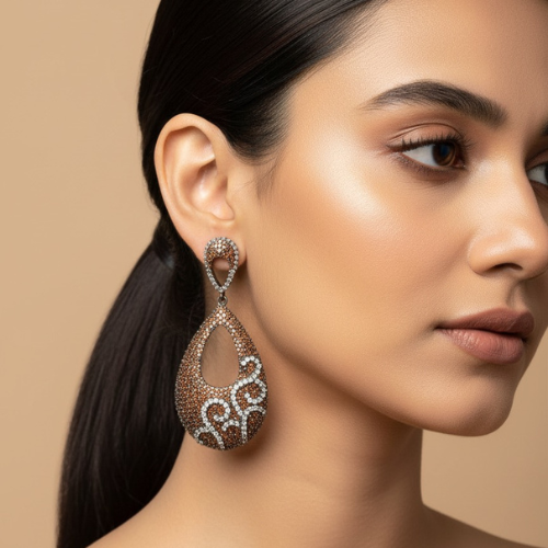 Elegant Brown & Silver Zircon Teardrop Earrings