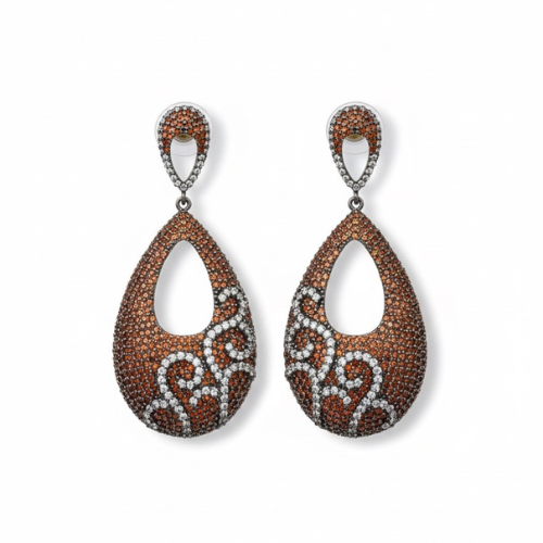 Elegant Brown & Silver Zircon Teardrop Earrings