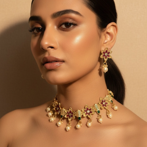 Elegant Gold Plated Floral Pearl Necklace Set for Women