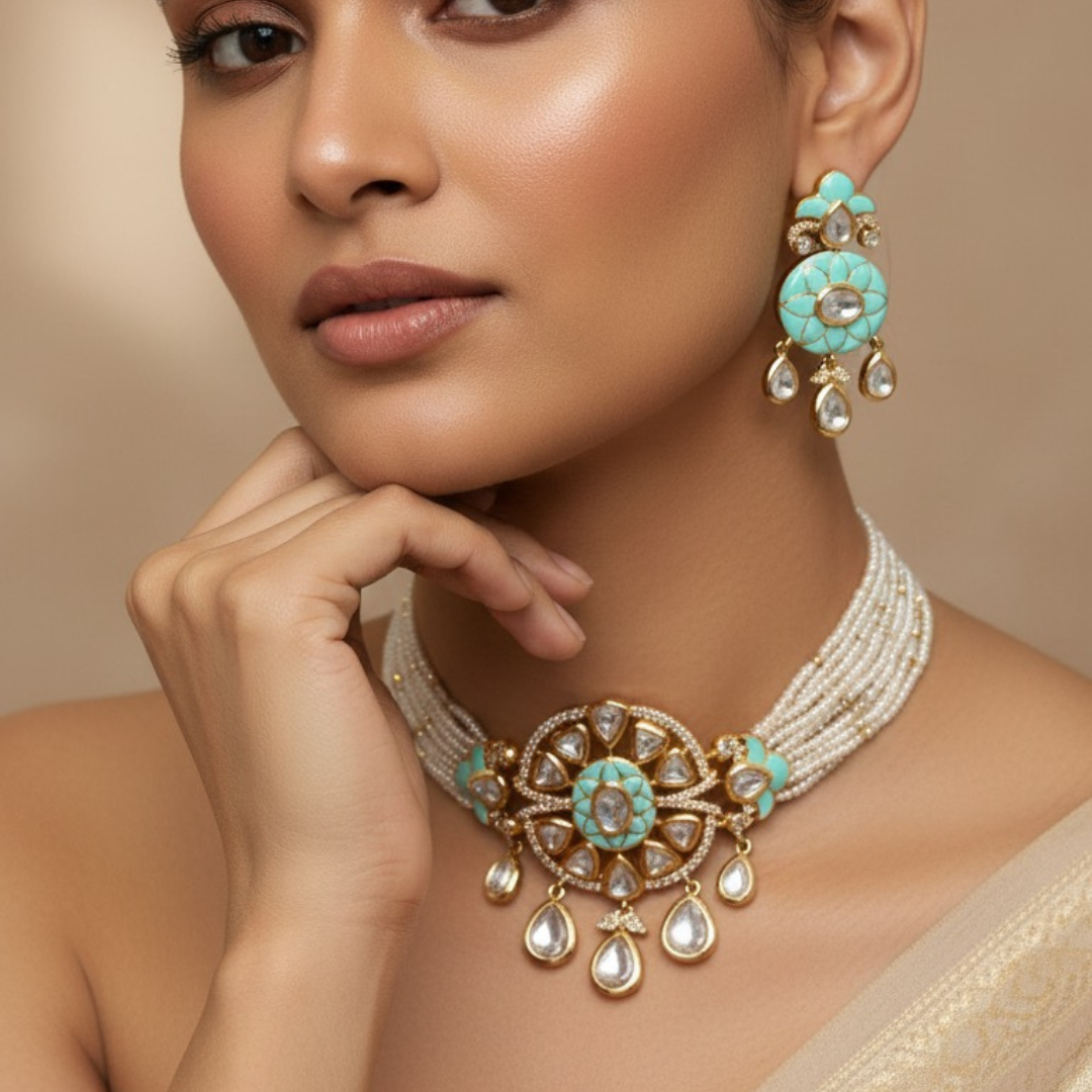 Micro gold plated copper choker necklace with moissanite stones featuring a floral center design and matching earrings